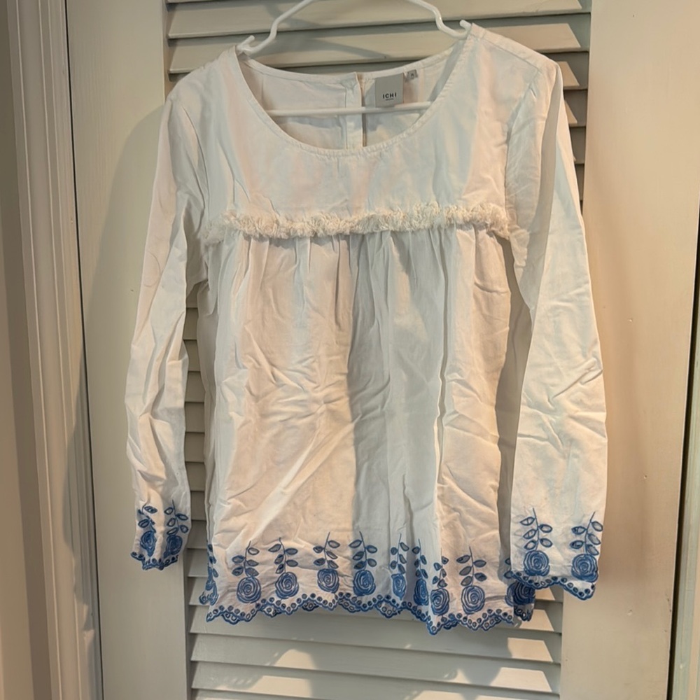Elegant White Blouse with Blue Embroidery